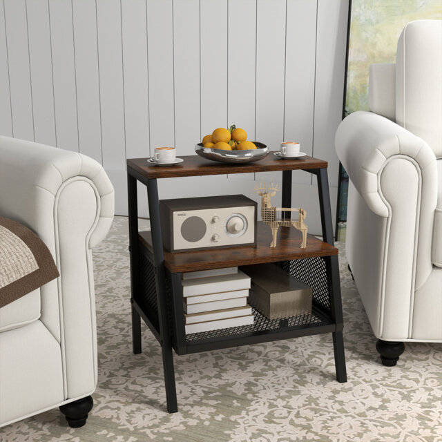 Industrial Nightstand 3-Tier End Table With 2 Open Shelves-Brown