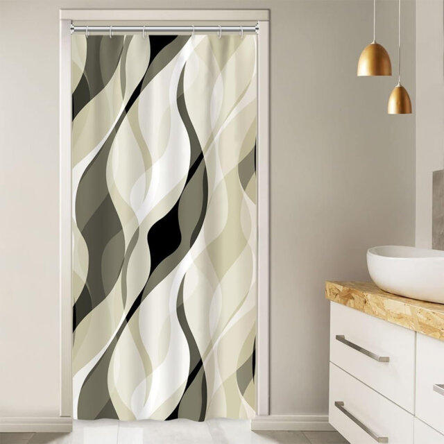 Light Green Pack of 1 Modern Abstract Striped Shower Curtain Set with Hooks