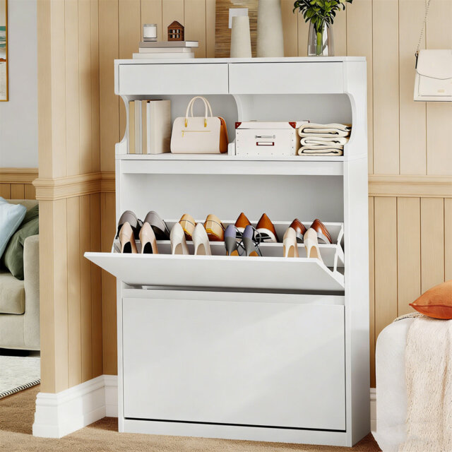 Wooden Shoe Cabinet With 2 Flip Drawers & Open Compartment, Pull-Down Shoe Storage Cupboard For Hallway & Living Room
