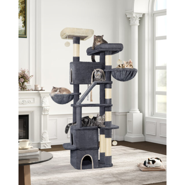 185 cm Cat Tree, Large Cat Tower for Indoor Cats, Cats House Furniture with Scratching Ramp, 2 Platforms, 3 Condos, 6 Scratching Posts, 2 Baskets, Pom