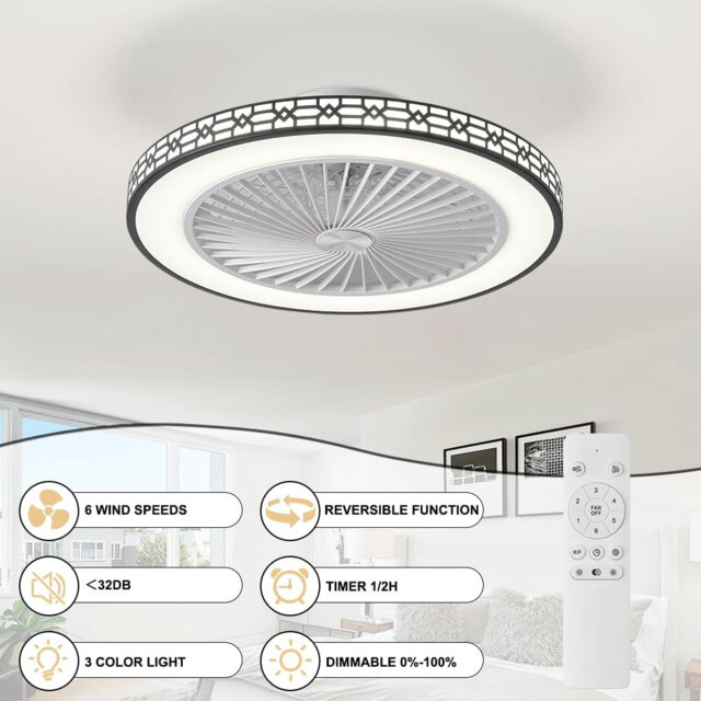 Ceiling Fan With Lights, 48CM Low Profile 6 Speeds Reversible Bladeless Ceiling Fan, Led Dimmable  Quiet Timing Flush Mount Bedroom Fan Light For Livi
