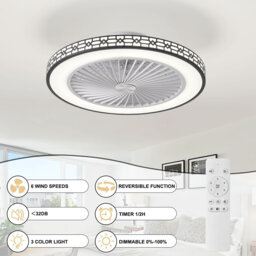 Ceiling Fan With Lights, 48CM Low Profile 6 Speeds Reversible Bladeless Ceiling Fan, Led Dimmable  Quiet Timing Flush Mount Bedroom Fan Light For Livi