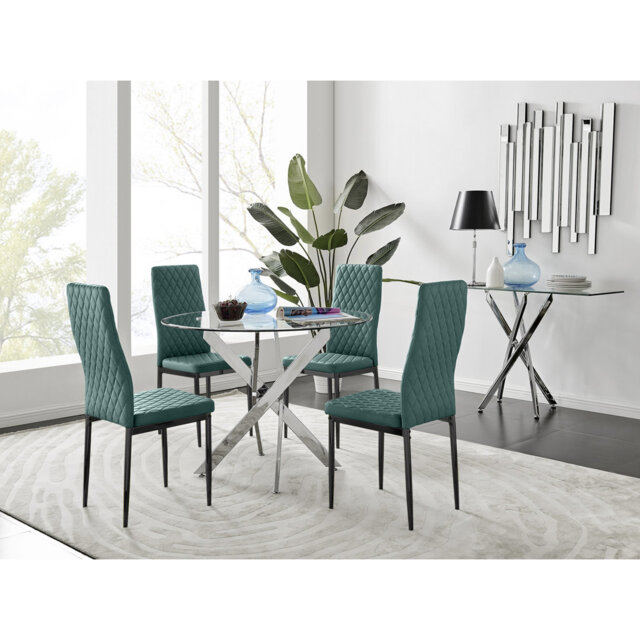 Bernell Modern Chrome Metal & Glass Round Dining Table Set with 4 Quilted Velvet Chairs