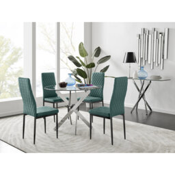 Bernell Modern Chrome Metal & Glass Round Dining Table Set with 4 Quilted Velvet Chairs