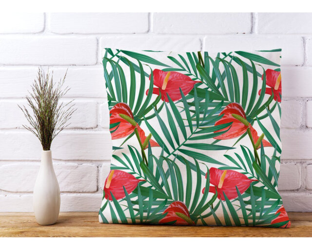 Ampere Tropical Flowers and Palm Leaves Floral Scatter Cushion with Filling