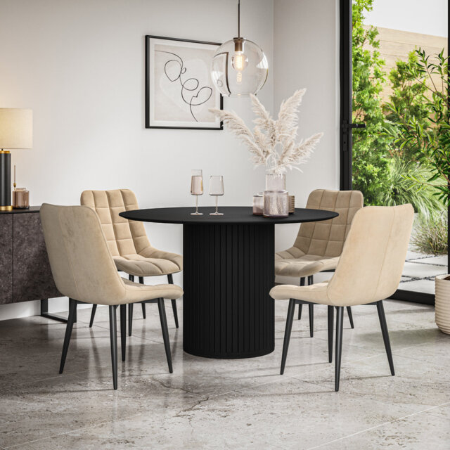 Arlo Walnut Table Top W Walnut Legs + Nova Velvet Dining Chair Beige Set Of 6