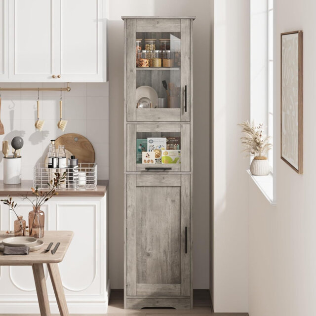 "67"" Tall Bathroom Cabinet – Modern Slim Freestanding Storage Cupboard with Adjustable Shelves & Glass Doors, Narrow Space-Saving Organizer Shelving Ca"