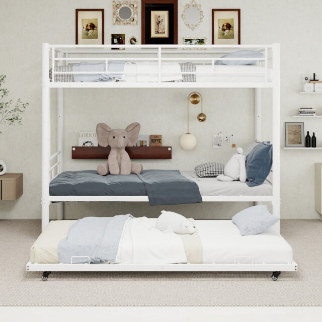 Triple Bunk Bed With Pull-out Bed, 3-person Metal Frame, Space-saving 90x190cm Mattress, For Dormitory Or Shared Room
