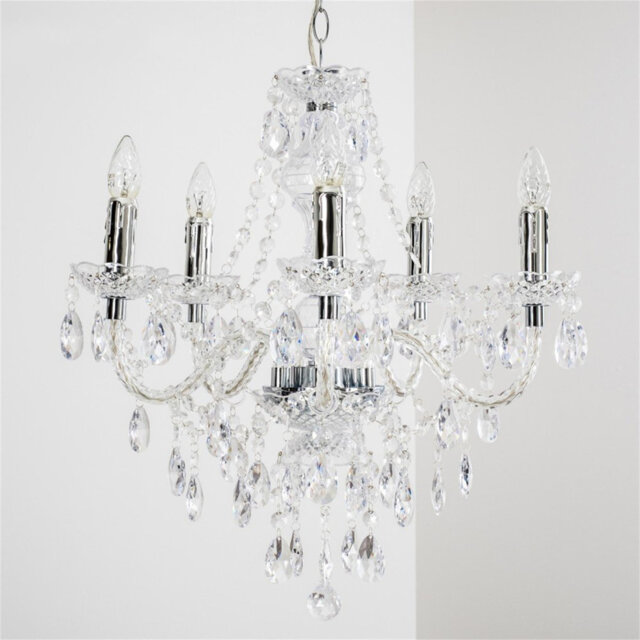 Classic chandelier made of metal/acrylic in chrome, 5-light pendant, 5 x E14, max. Height adjustable, modern pendant, vintage/retro design, without bu