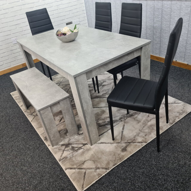 Stone Grey Effect 140Cm Wood Dining Table With 4 Black Faux Leather Metal Chairs And 1 Bench