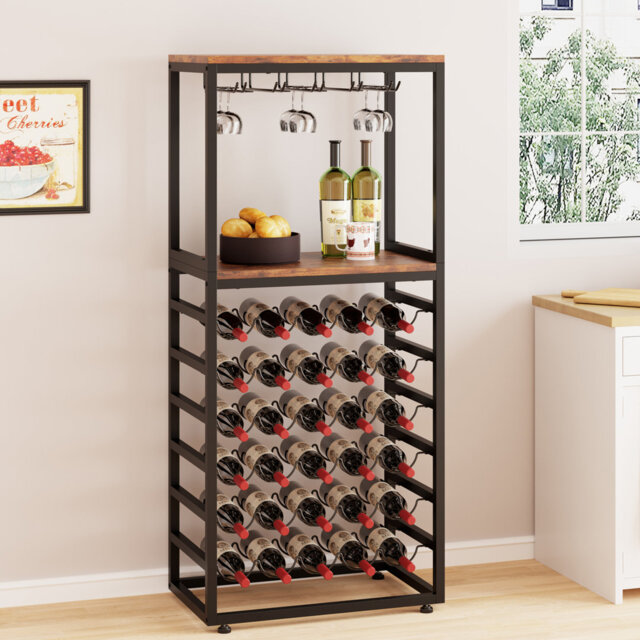 6-Tier  30 Bottles Wine Rack Free Standing Floor With Wine Glasses Holder,Wooden Table Top