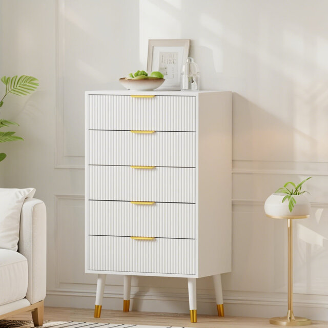 5 Drawer Fluted Dresser, Space-Saving Modern Cabinet with Gold Handles, End Table Wood Chest for Bedroom, Hallway, or Small Apartment by Wayfair | uFurnish.com 5 Drawer Fluted Dresser, Space-Saving Modern Cabinet with Gold Handles, End Table Wood Chest for Bedroom, Hallway, or Small Apartment by Wayfair | uFurnish.com