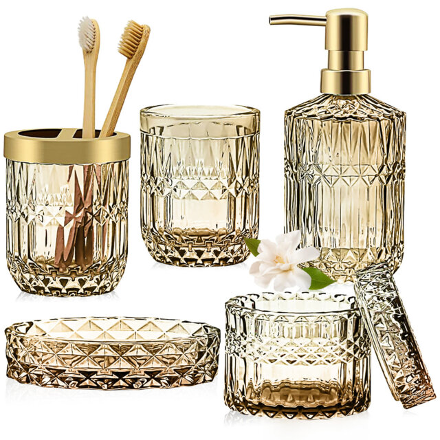 5PCS Glass Bathroom Accessories Sets, Vintage Gift, Includes Soap Dispenser, Soap Dish, Toothbrush Holder, Tumbler and Jar, Bathroom Organizer, Stylis