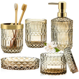 5PCS Glass Bathroom Accessories Sets, Vintage Gift, Includes Soap Dispenser, Soap Dish, Toothbrush Holder, Tumbler and Jar, Bathroom Organizer, Stylis