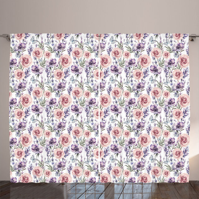 Rustic curtain, anemone rose lavender, pastel floral pattern, purple shame, sage green