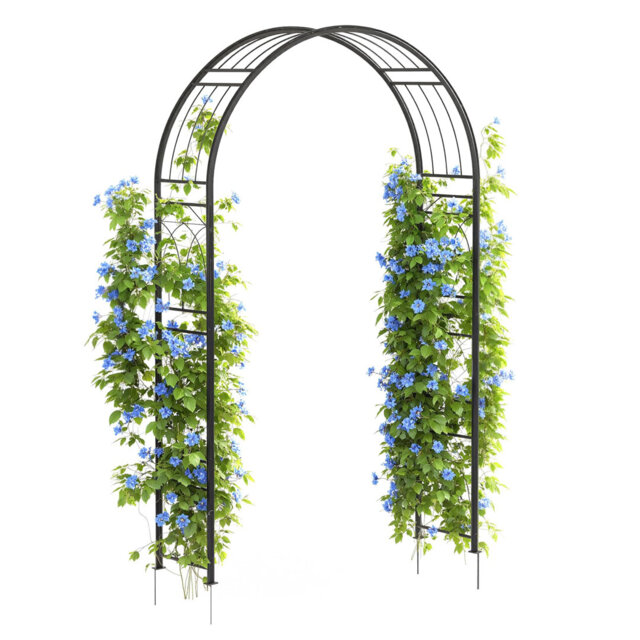 Metal Garden Arch Trellis, 150x240cm Black Steel Arbor with Ground Stakes, Rust-Resistant Wedding Archway for Climbing Plants & Ceremony Decor