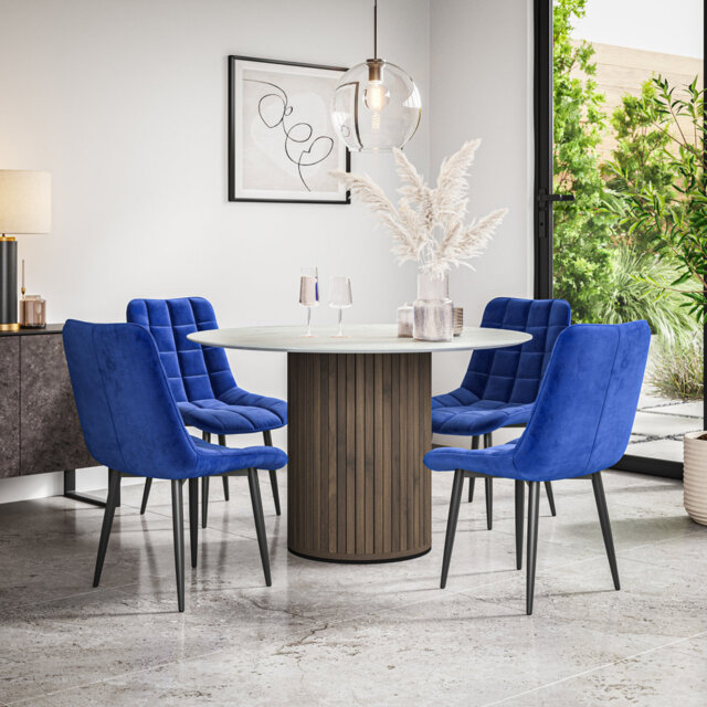 Arlo White Marble Table Top W Oak Legs + Nova Velvet Dining Chair Mustard Set Of 6