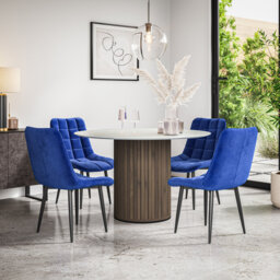 Arlo White Marble Table Top W Oak Legs + Nova Velvet Dining Chair Mustard Set Of 6