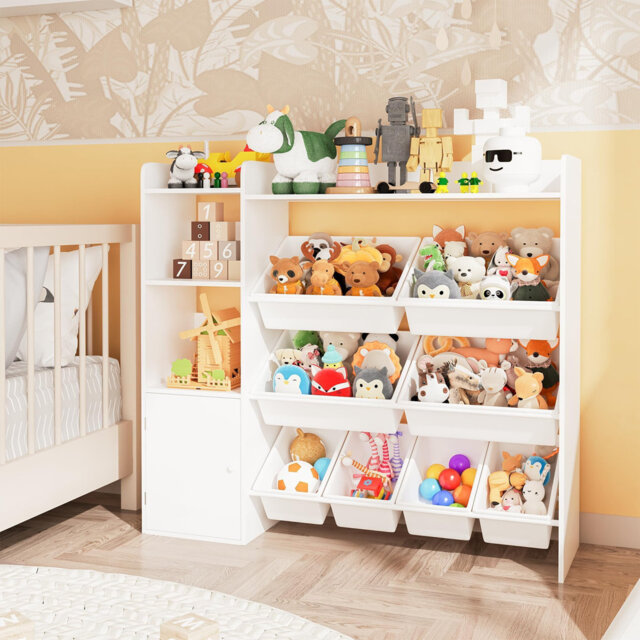 4-Tier Kids Toy Storage Organizer with 8 Removable Bins & 3 Cubbies – Wooden Bookshelf & Toy Box for Playroom, Bedroom, or Study area – Sturdy Modern
