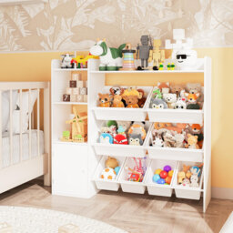 4-Tier Kids Toy Storage Organizer with 8 Removable Bins & 3 Cubbies – Wooden Bookshelf & Toy Box for Playroom, Bedroom, or Study area – Sturdy Modern