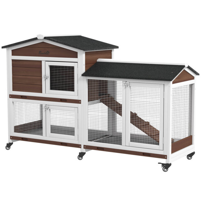 Rabbit Hutch Bunny Cage Outdoor 2-Tier with Wheels & Tray Brown