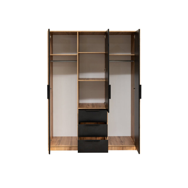 Biser Lux 3-Door Wardrobe - Oak Wotan & White Matt with Mirror and Decorative Lamellas