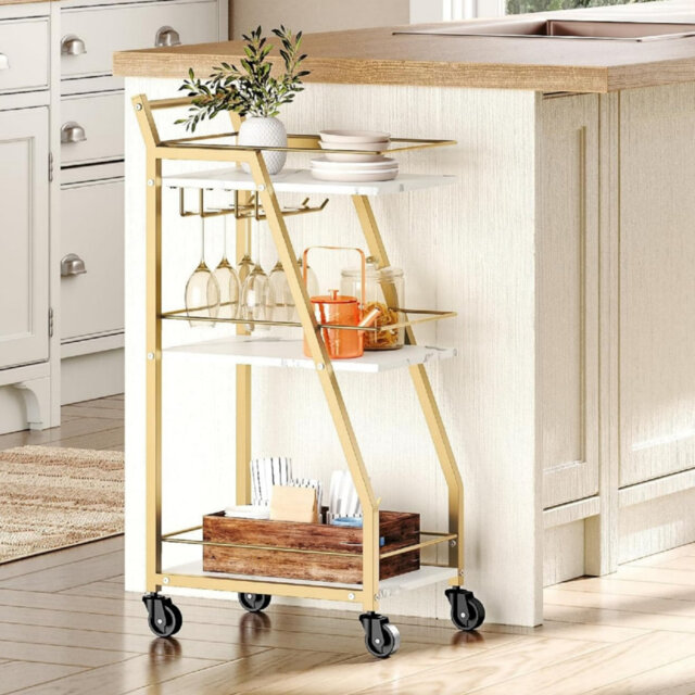 Serving Trolley on Wheels, Small Gold Bar Cart, Drinks Cart for Bar, Kitchen Gold