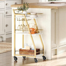 Serving Trolley on Wheels, Small Gold Bar Cart, Drinks Cart for Bar, Kitchen Gold