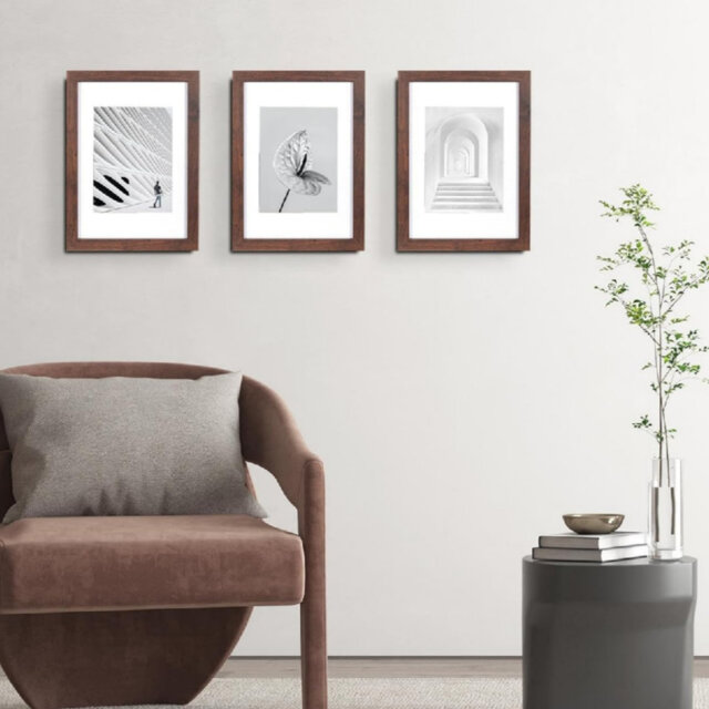 Walnut Wooden Picture Frame A4 with Mount Set of 3, Freestanding and Wall Mountable