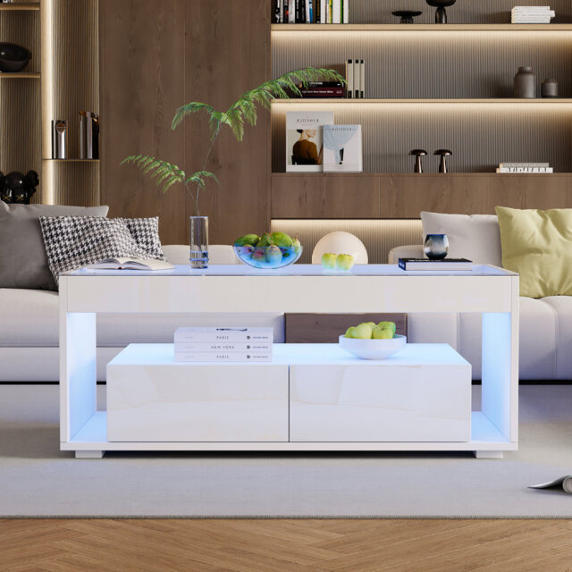 100X50X40Cm White High Gloss Coffee Table With Glass Top & Led Lights, 2 Drawers & Open Storage, Modern Centre Sofa Side End Table For Living Room Off