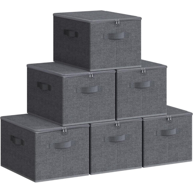 Foldable Storage Organiser Boxes, Set Of 6 Storage Basket Bins With Lids, Handles, Clothes Organiser, 40 X 30 X 25 Cm, Non-Woven Fabric
