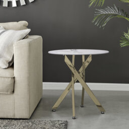 Cesarino Marble Effect Round Sofa Side Table - Glass Topped Metal Leg Small Table