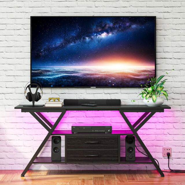 "Rustic 55"" TV Stand For TV Up To 65 Inch TV Console With Power Outlet And LED Light TV Cabinet 2 Storage Fabric Drawers Entertainment Center For Bedro"