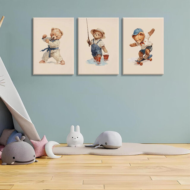 3 Pcs Nursery Teddy Bear Wall Art Kindergarten Skateboard Karate Sports Wall Decor Poster Print Cute Funny Animal Painting Pictures For Kids Bedroom R