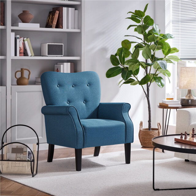 Button-Tufted Accent Chair - Solid Wood Legs with Rolled Arm