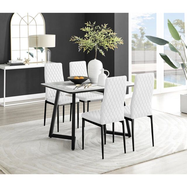 Industrial Design White & Grey Marble Effect Melamine Dining Table Set with 4 Faux Leather Chairs