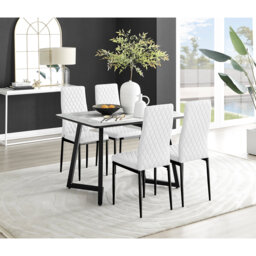 Industrial Design White & Grey Marble Effect Melamine Dining Table Set with 4 Faux Leather Chairs