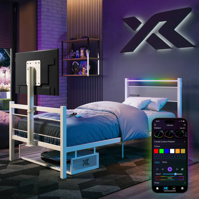 X Rocker Basecamp RGB Single Gaming TV Bed with App Controlled LED Lights - White
