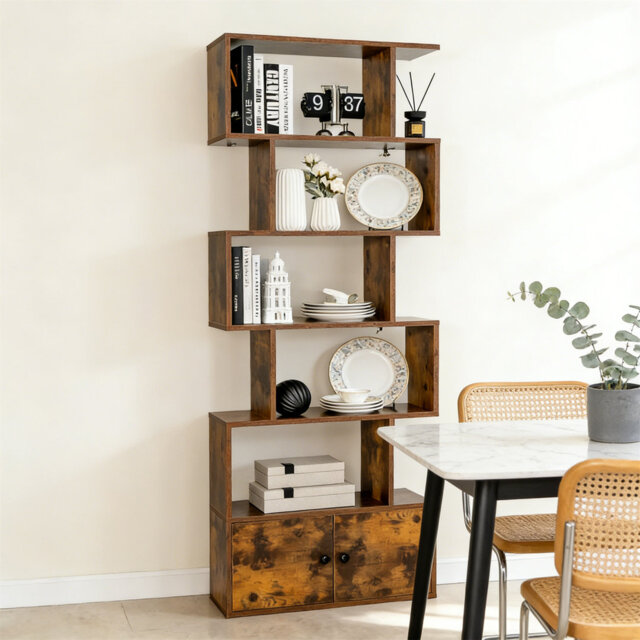 Industrial S-Shaped 5-Tier Bookcase With Cabinet, Freestanding Storage Bookshelf For Living Room Home Office Bedroom