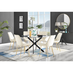 Tierra Modern Chrome Metal & Glass Round Dining Table Set with 6 Luxury Faux Leather Chairs