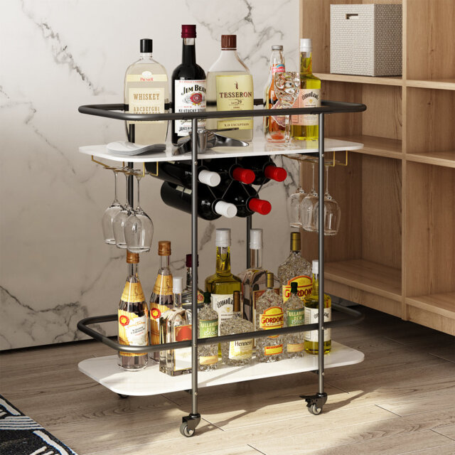 Ahmarria 2-Tier Bar Cart on Wheels with Wine Rack and Glass Holder, Drink Trolley for Home, Party