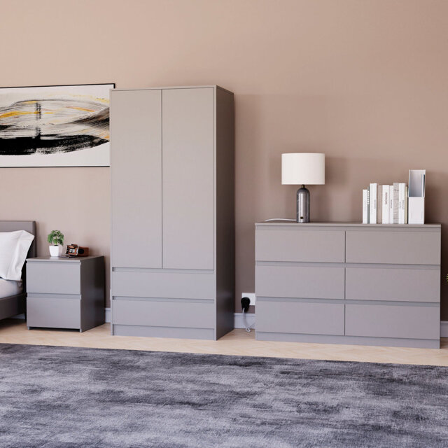 Cunha 3 Piece Bedroom Set (2 Drawer Large Bedside Chest, 6 Drawer Chest, 2 Door 2 Drawer Wardrobe), (5)