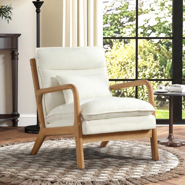 Linen Armchair with Lumbar Pillow, Solid Wood Frame Accent Chair, Cosy Reading Chair for Living Room
