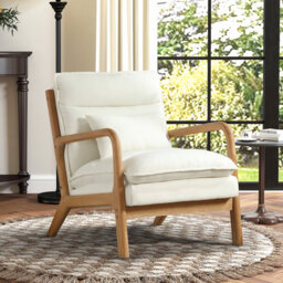 Linen Armchair with Lumbar Pillow, Solid Wood Frame Accent Chair, Cosy Reading Chair for Living Room