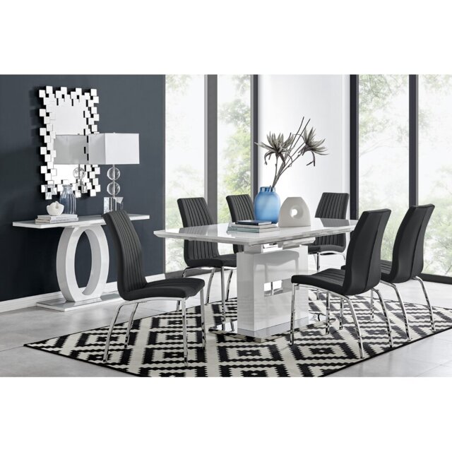 Alezzo Modern High Gloss Extendable Dining Table Set with 6 Soft Touch Faux Leather Dining Chairs