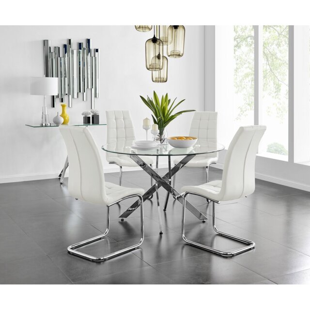 Tierra Modern Chrome Metal & Glass Round Dining Table Set with 4 Modern Faux Leather Chairs