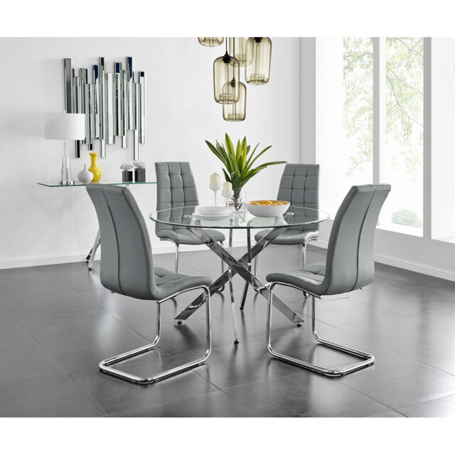Tierra Modern Chrome Metal & Glass Round Dining Table Set with 4 Modern Faux Leather Chairs