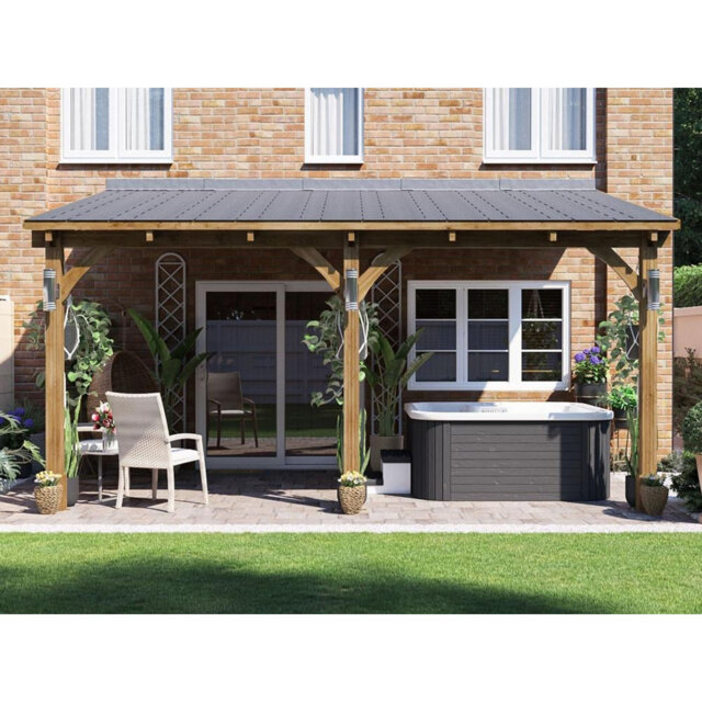 Dunster House Lean To Wooden Gazebo Canopy Kit 4m x 3m Patio Garden Shelter with Roof Shingles Leviathan
