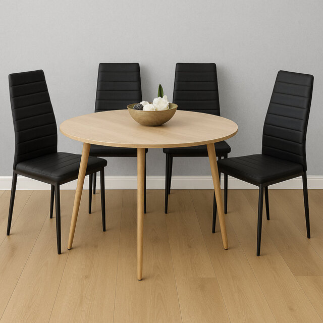 Modern Round Dining Table With 4 Grey Faux Leather Chairs Kitchen Furniture Set