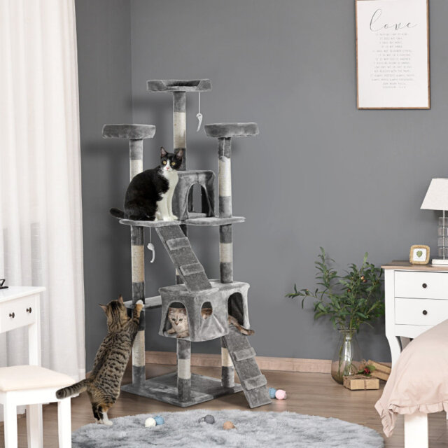 Clovepet Multifunctional Cat Tree Scratching House with Three Perches and Two Cozy Houses